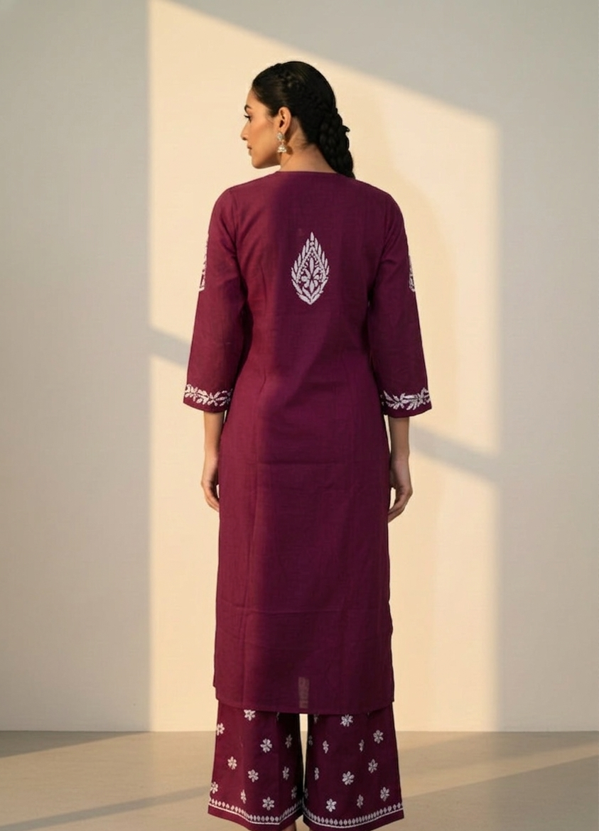 Wine Pure Chikankari Premium Reyon Embroidered Handwork 
