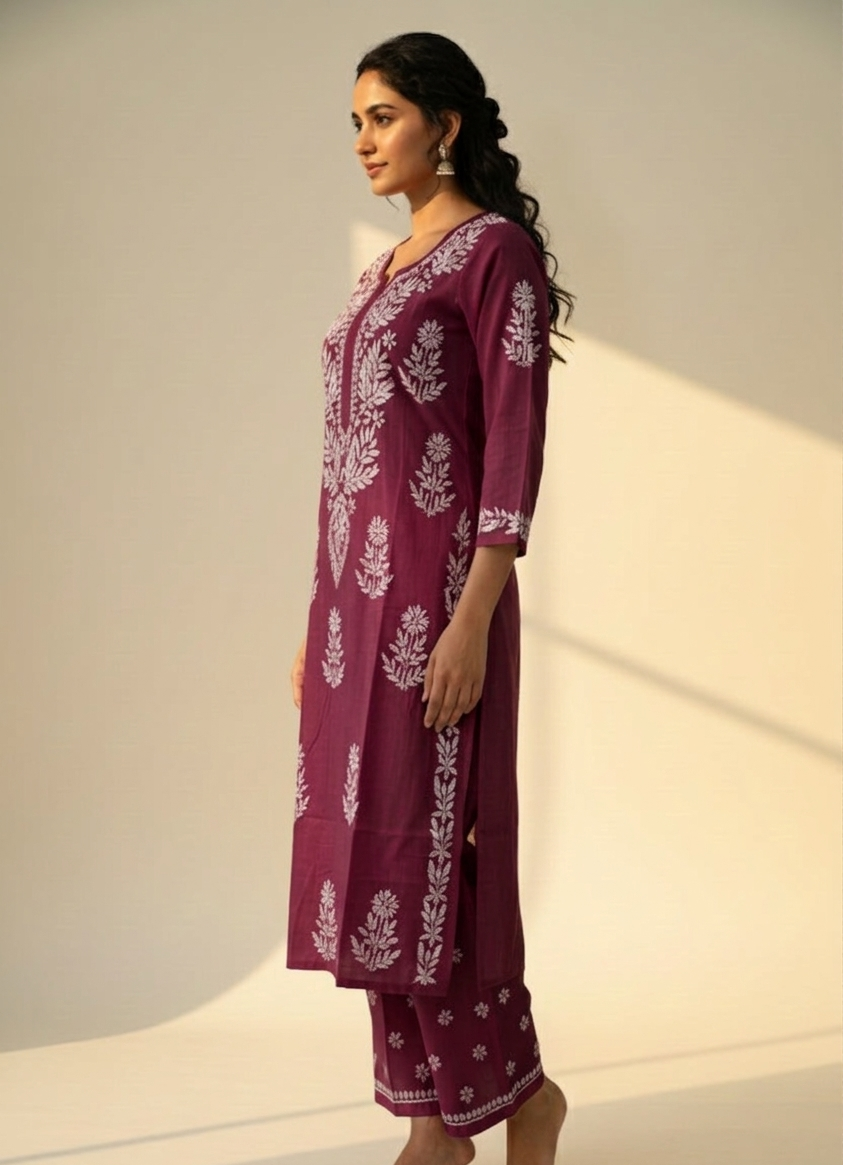 Woman wearing a maroon kurta with white floral patterns against a neutral background