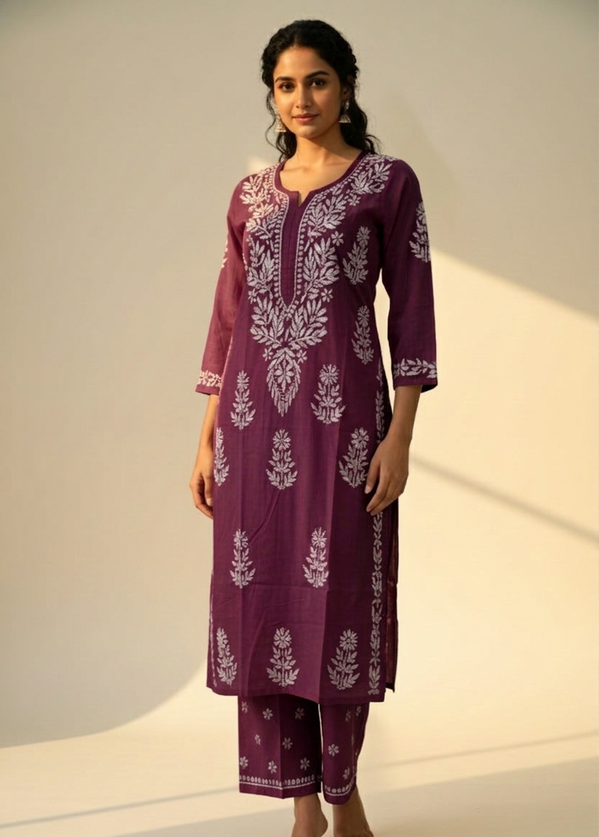 Woman wearing a purple embroidered traditional outfit on a neutral background