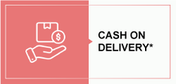 Icon of a hand holding money with a box, indicating cash on delivery option on a red and white background.
