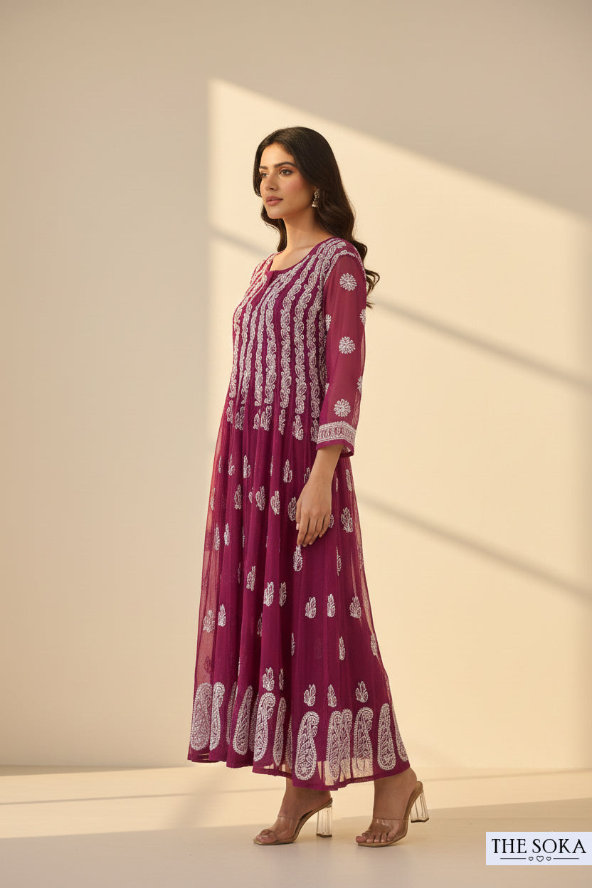 Abeer Violet Grace Ensemble Lucknowi Chikankari Georgette Ready-to-Wear Anarkali Top