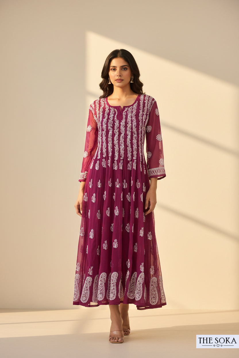 Abeer Violet Grace Ensemble Lucknowi Chikankari Georgette Ready-to-Wear Anarkali Top