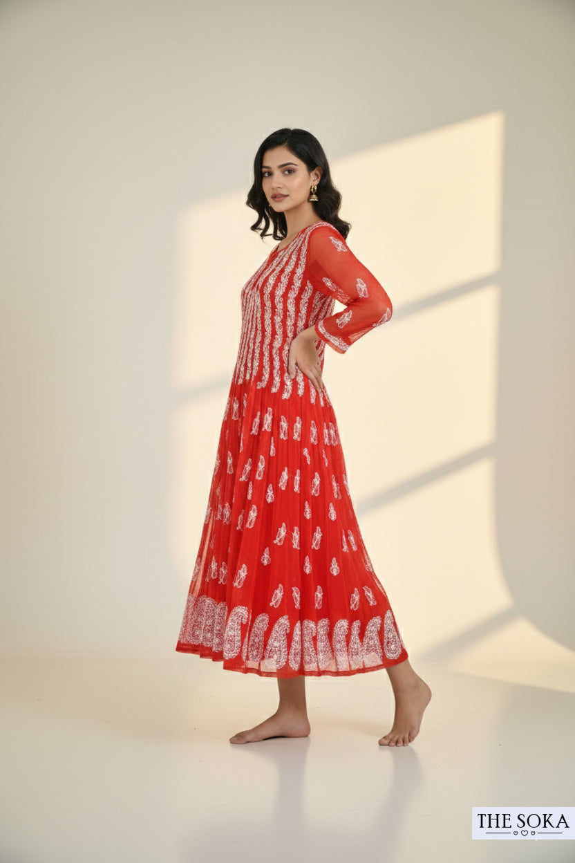 Ada Red Cotton Lucknowi Chikankari Georgette Ready-to-Wear Anarkali Top