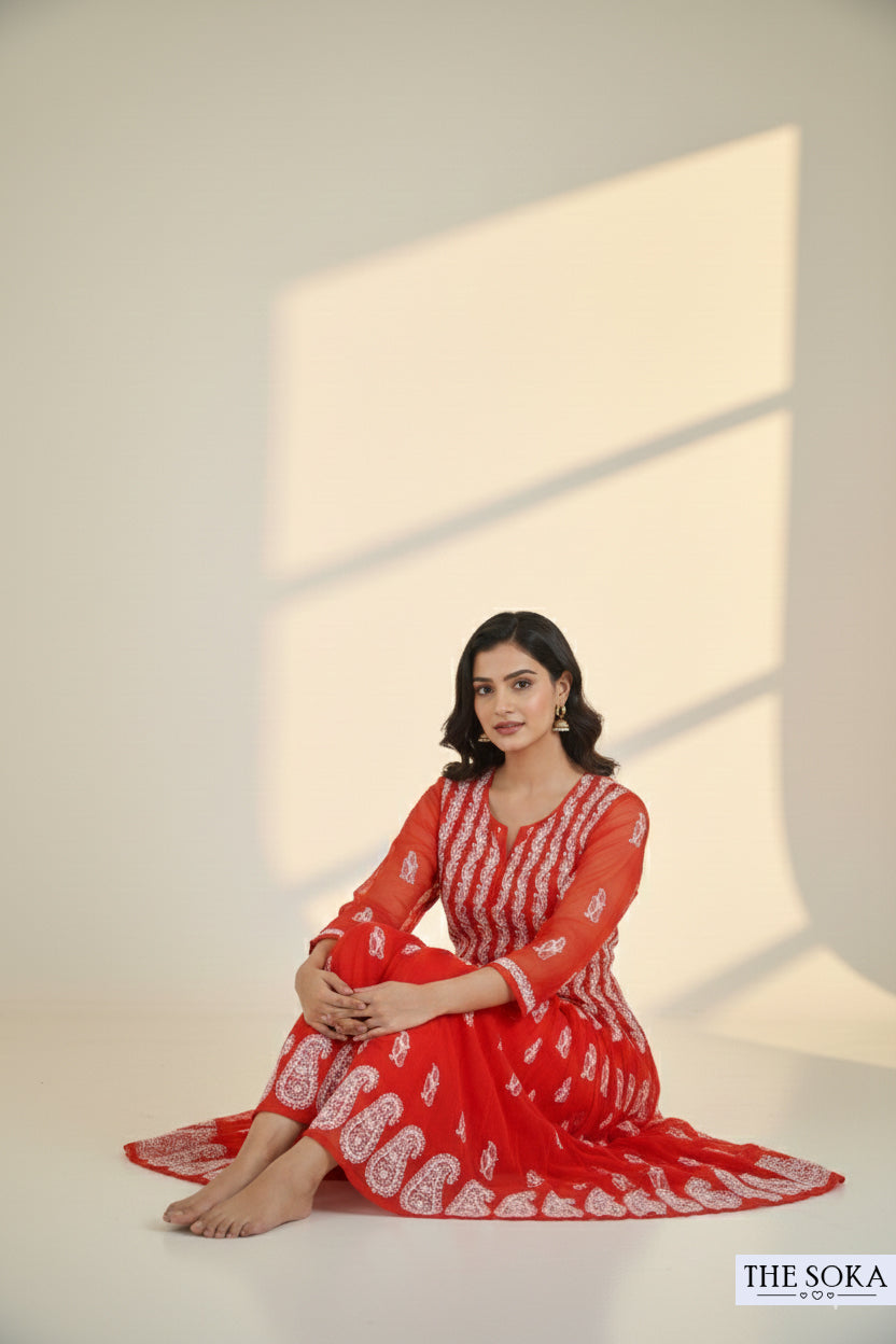 Ada Red Cotton Lucknowi Chikankari Georgette Ready-to-Wear Anarkali Top