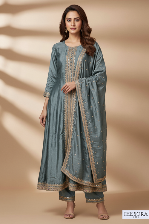 Woman wearing a traditional outfit with intricate designs on a beige background