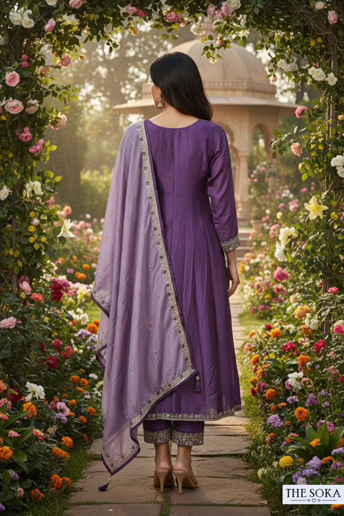 Deep Mauve Lavender Embroidered Anarkali Suit Set with Pants and Dupatta