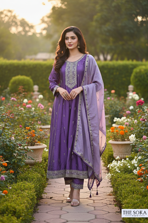 Deep Mauve Lavender Embroidered Anarkali Suit Set with Pants and Dupatta