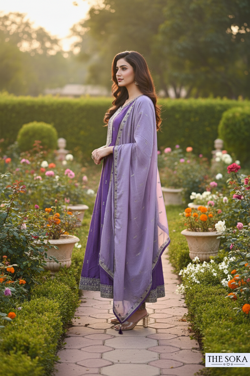 Deep Mauve Lavender Embroidered Anarkali Suit Set with Pants and Dupatta