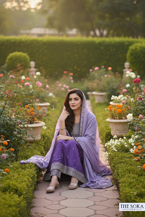 Deep Mauve Lavender Embroidered Anarkali Suit Set with Pants and Dupatta