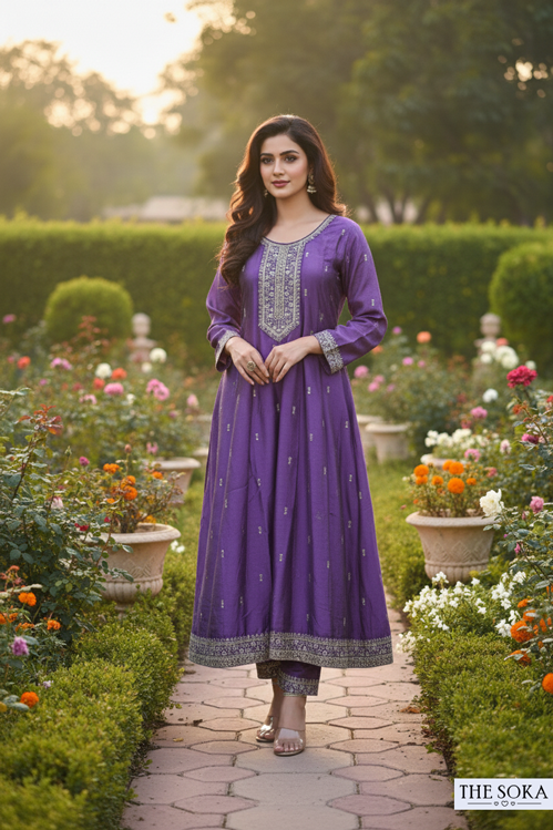 Deep Mauve Lavender Embroidered Anarkali Suit Set with Pants and Dupatta