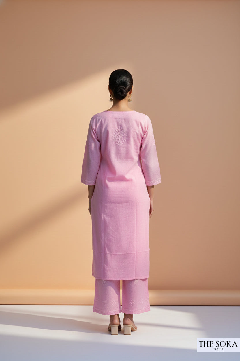 Baby Pink Pure Chikankari Premium Dobby Cotton Embroidered Handwork 