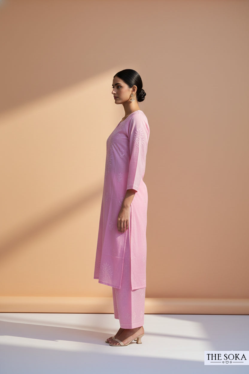 Baby Pink Pure Chikankari Premium Dobby Cotton Embroidered Handwork 