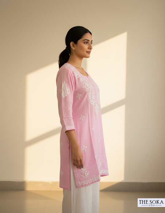 Baby Pink Rayon Chikankari Short Kurti