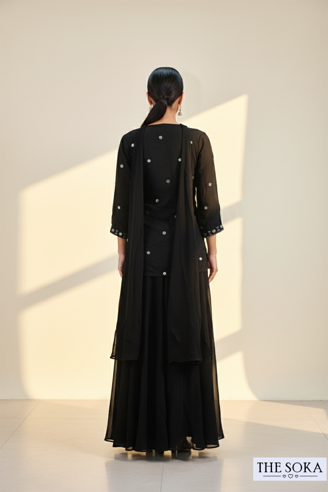 Black Embroidered Short Kurta with Palazzo & Dupatta Set
