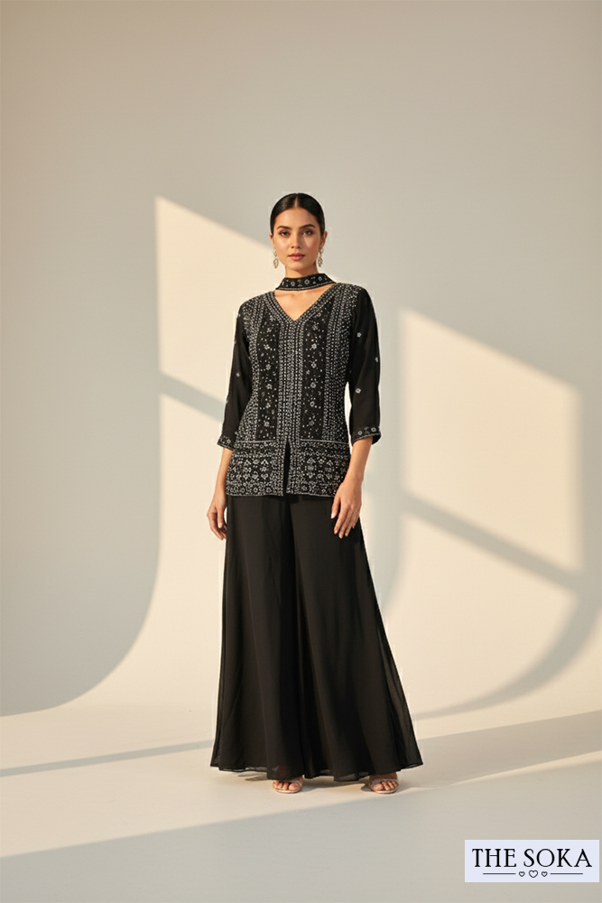 Black Embroidered Short Kurta with Palazzo & Dupatta Set