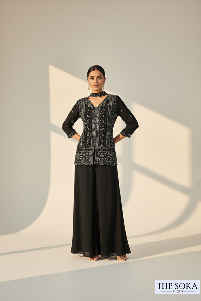 Black Embroidered Short Kurta with Palazzo & Dupatta Set