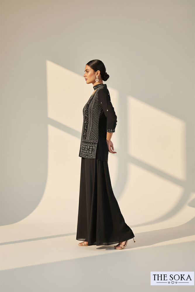 Black Embroidered Short Kurta with Palazzo & Dupatta Set