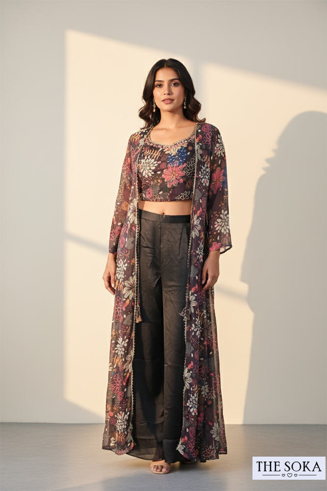 Black Multicolor Floral Print Jacket Co-ord Set with Palazzo Pants