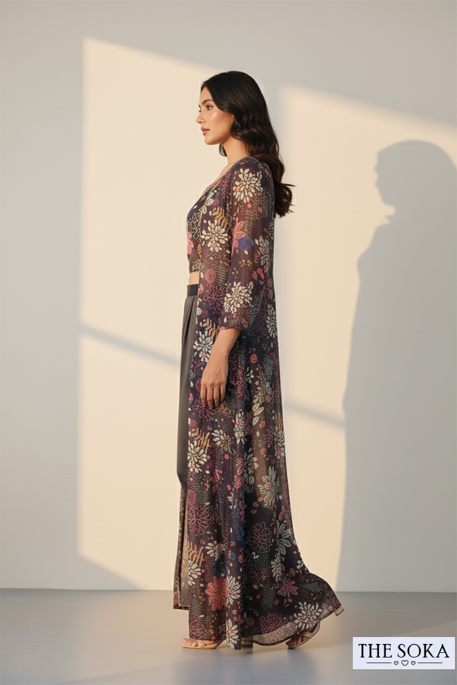 Black Multicolor Floral Print Jacket Co-ord Set with Palazzo Pants