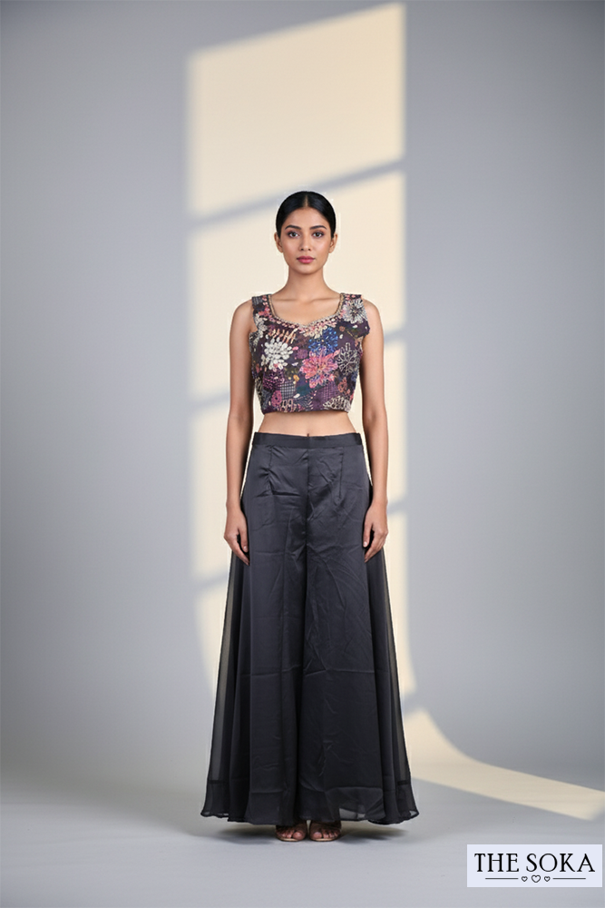 Black Multicolor Floral Print Jacket Co-ord Set with Palazzo Pants