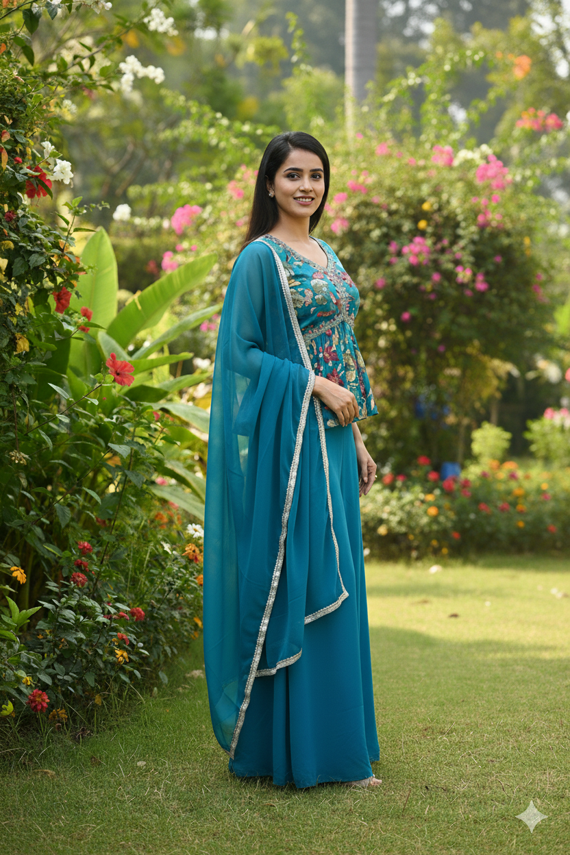 Woman in a blue saree standing in a garden with flowers and greenery.