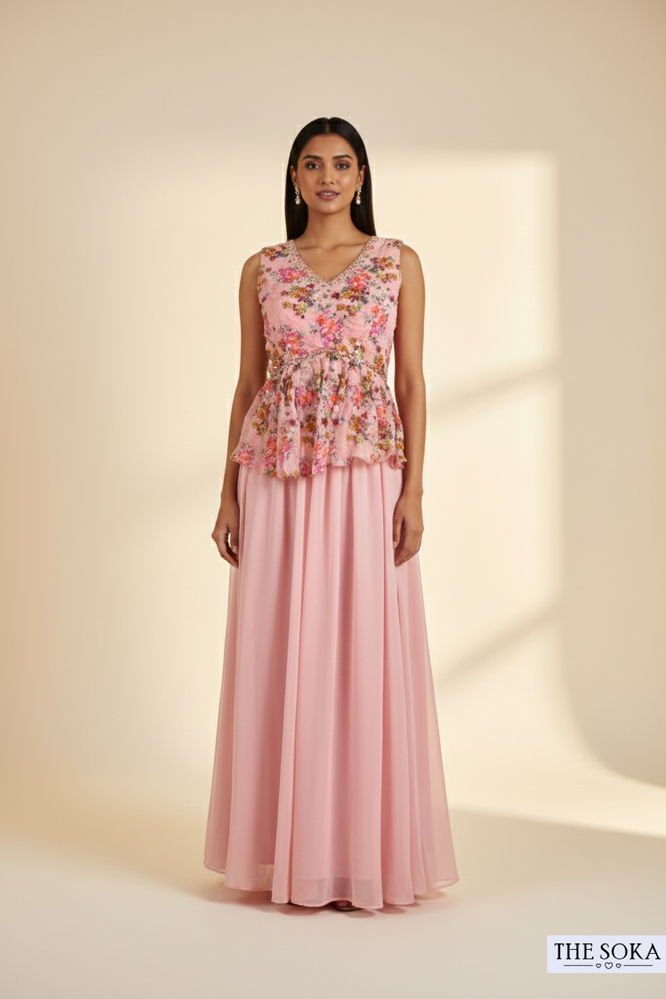Blush Pink Floral Peplum Top with Flared Palazzo Set