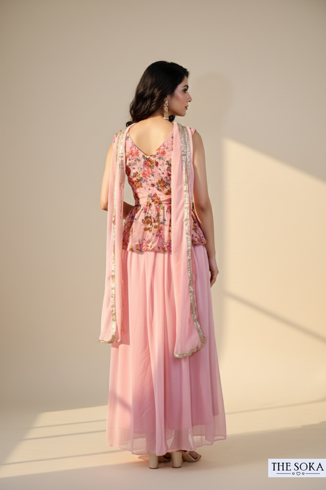 Blush Pink Floral Peplum Top with Flared Palazzo Set
