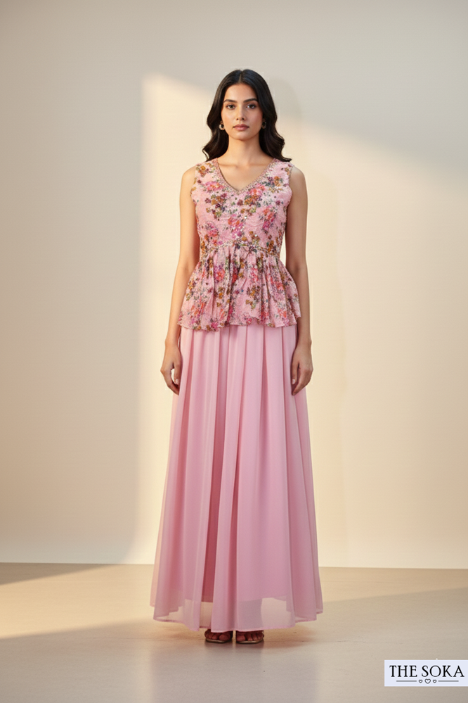 Blush Pink Floral Peplum Top with Flared Palazzo Set
