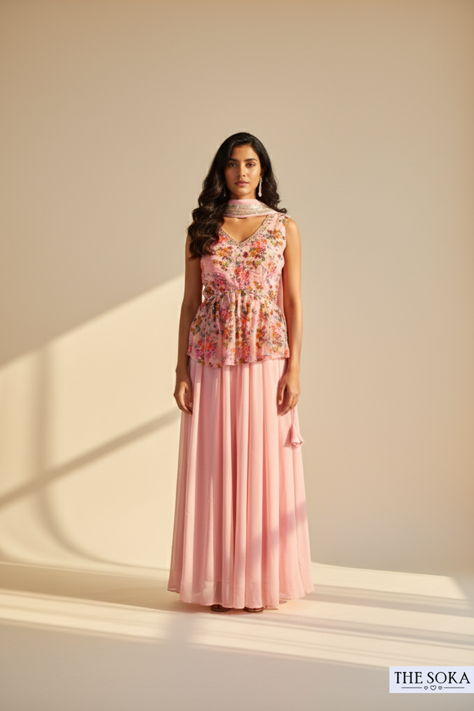 Blush Pink Floral Peplum Top with Flared Palazzo Set