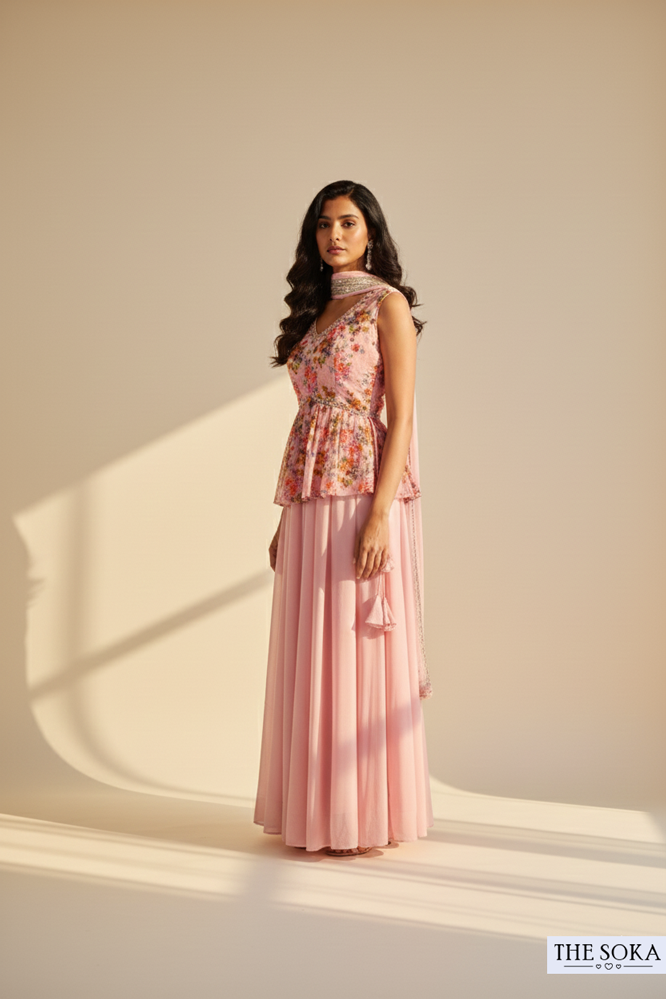 Blush Pink Floral Peplum Top with Flared Palazzo Set