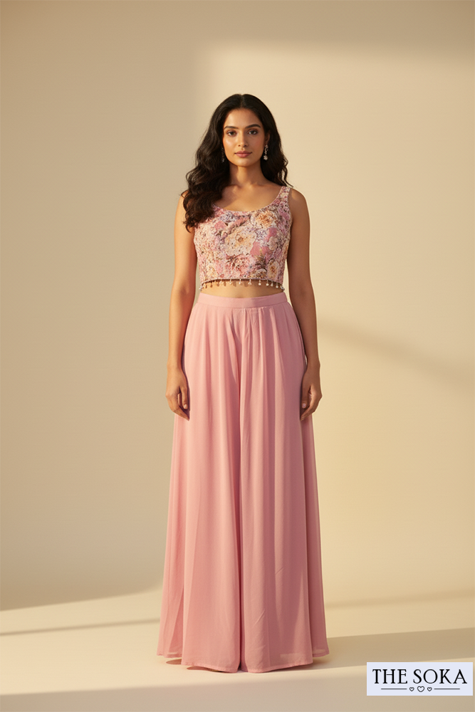 Blush Pink Floral Print Jacket Co-ord Set with Palazzo Pants