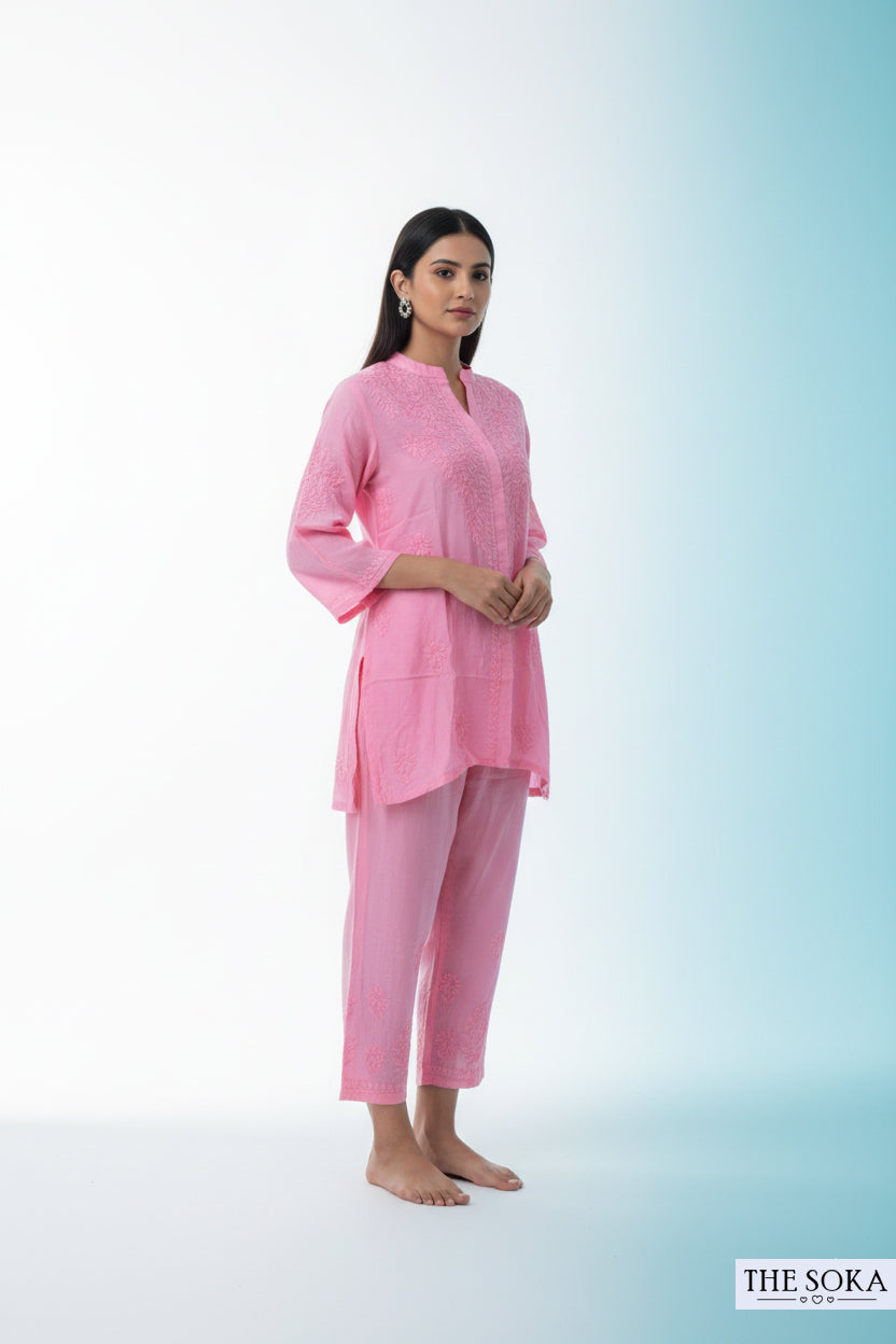 Blush Pink Pure Chikankari Premium Muslin Co-Ord Embroidered Handwork