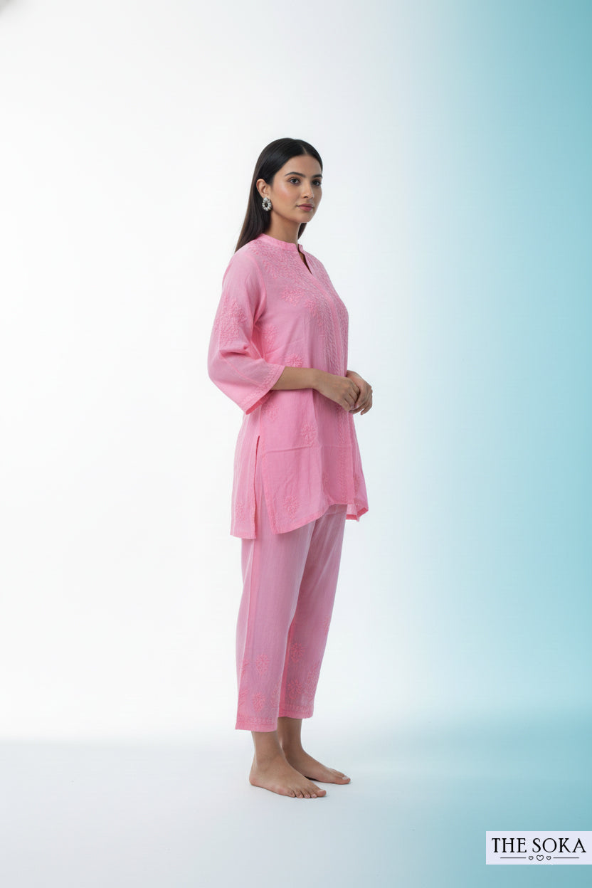Blush Pink Pure Chikankari Premium Muslin Co-Ord Embroidered Handwork