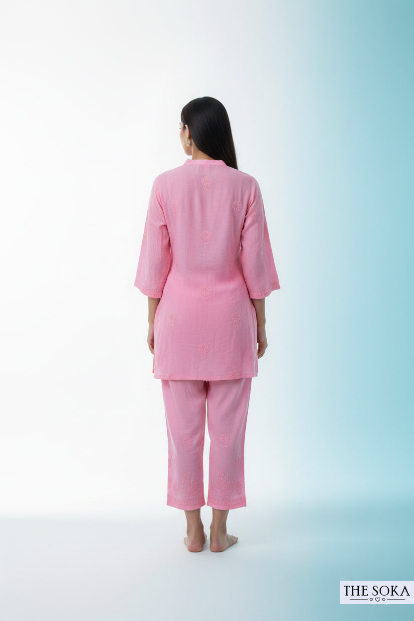 Blush Pink Pure Chikankari Premium Muslin Co-Ord Embroidered Handwork
