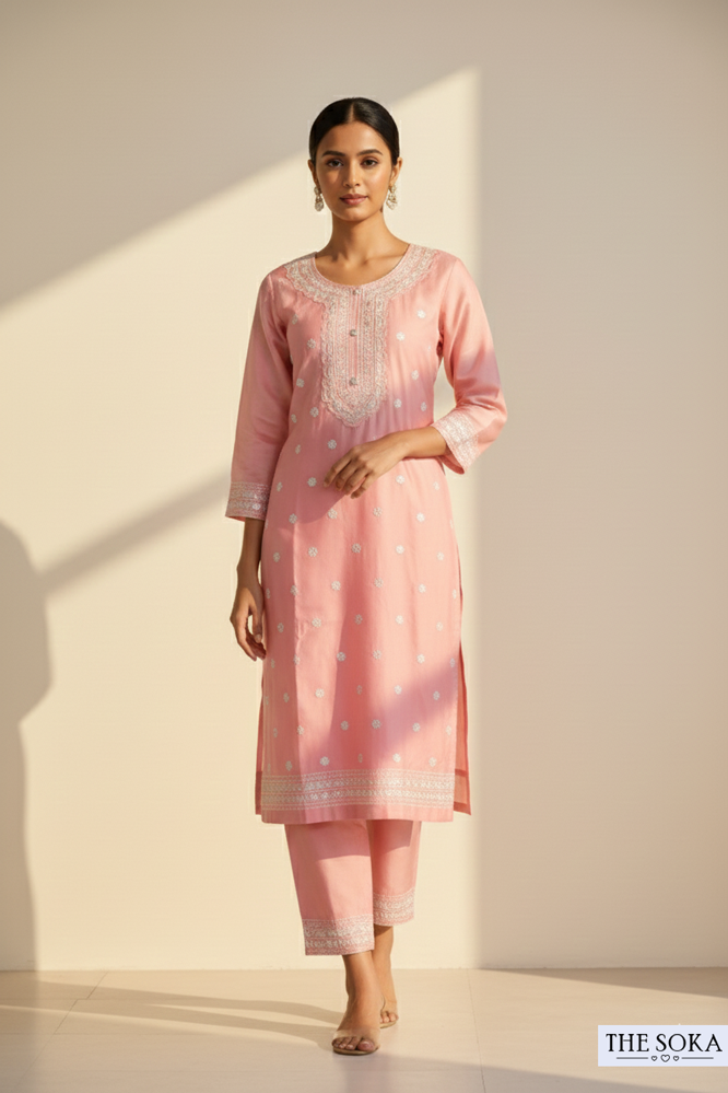 Blush Pink Straight Kurta Set with Embroidered Dupatta