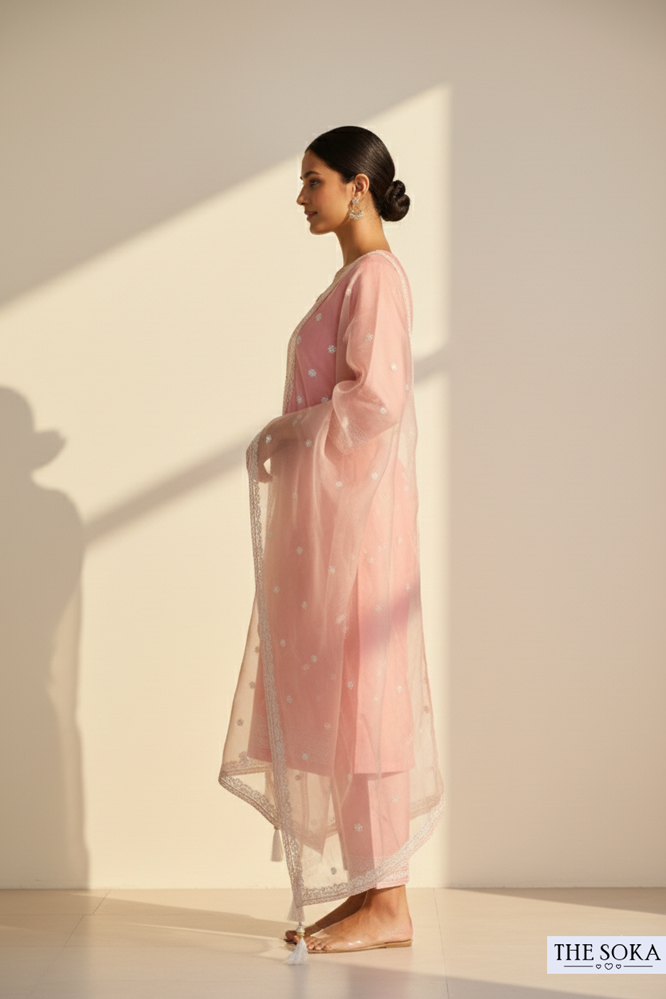 Blush Pink Straight Kurta Set with Embroidered Dupatta