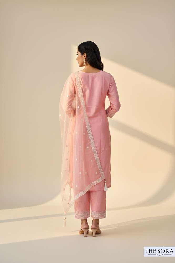 Blush Pink Straight Kurta Set with Embroidered Dupatta