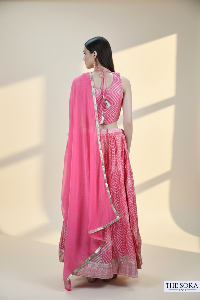 Candy Pink Printed Sleeveless Lehenga Choli with Dupatta