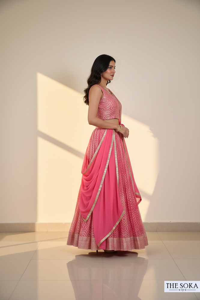 Candy Pink Printed Sleeveless Lehenga Choli with Dupatta