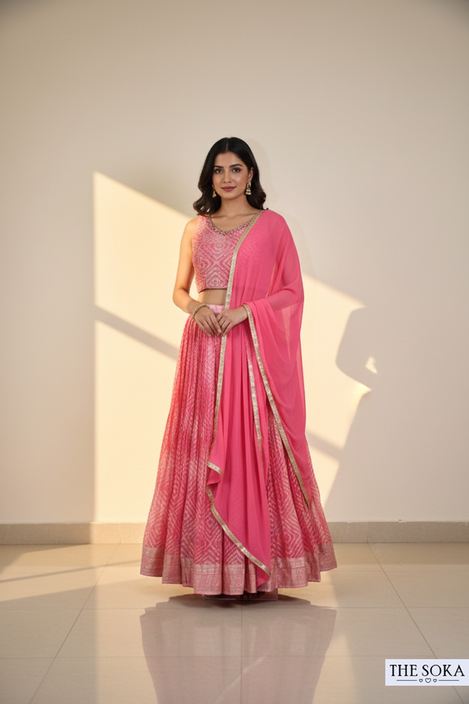 Candy Pink Printed Sleeveless Lehenga Choli with Dupatta