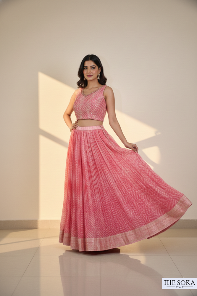 Candy Pink Printed Sleeveless Lehenga Choli with Dupatta