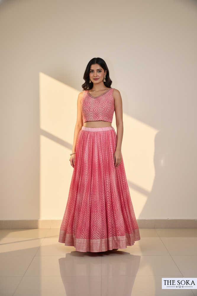 Candy Pink Printed Sleeveless Lehenga Choli with Dupatta
