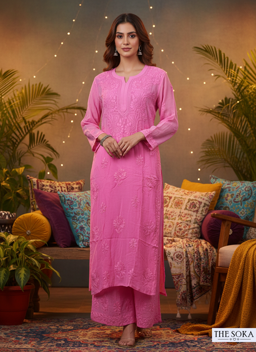 Woman in a pink traditional outfit standing in a decorated room with plants and colorful cushions.