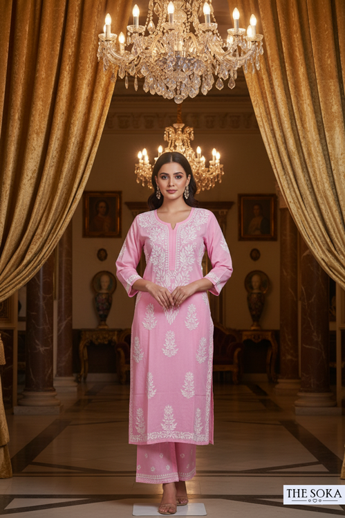 Woman in a pink traditional outfit standing in an opulent room with chandeliers.
