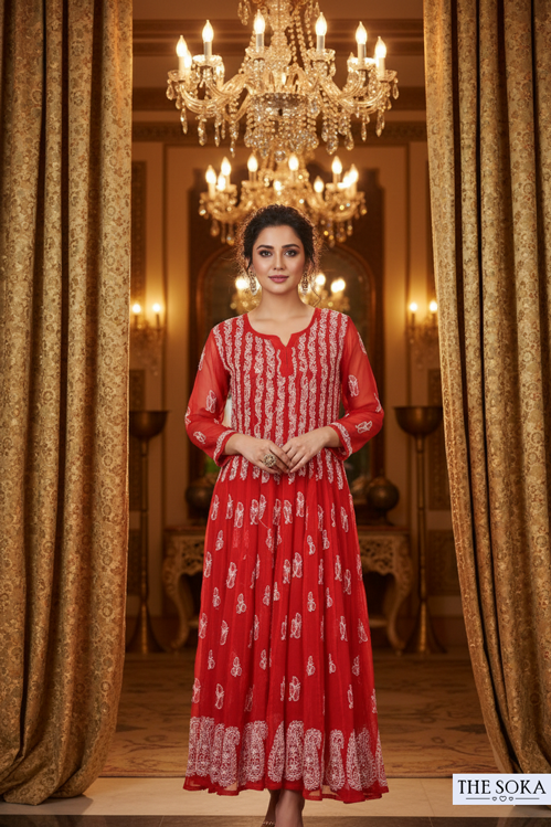 Woman in a red dress standing between gold curtains with chandeliers in the background
