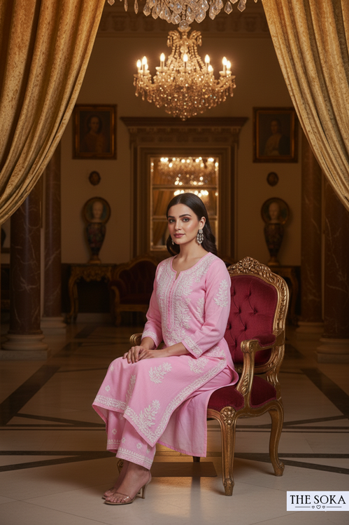 Woman in a pink dress sitting on an ornate chair in a luxurious room with a chandelier.