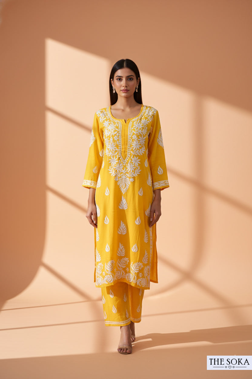 Yellow Pure Chikankari Premium Reyon  Embroidered Handwork 