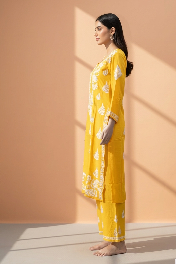 Woman wearing a yellow chikankari kurta set