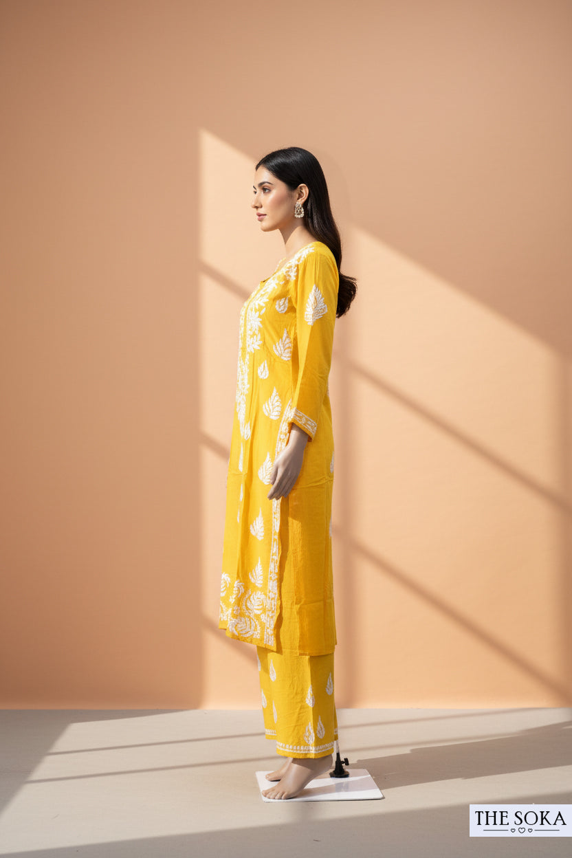 Yellow Pure Chikankari Premium Reyon  Embroidered Handwork 