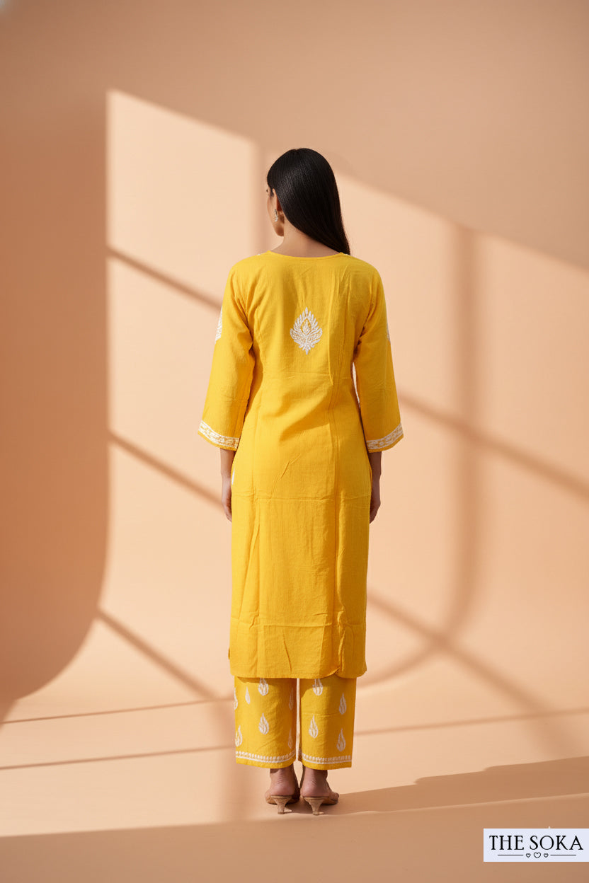 Yellow Pure Chikankari Premium Reyon  Embroidered Handwork 